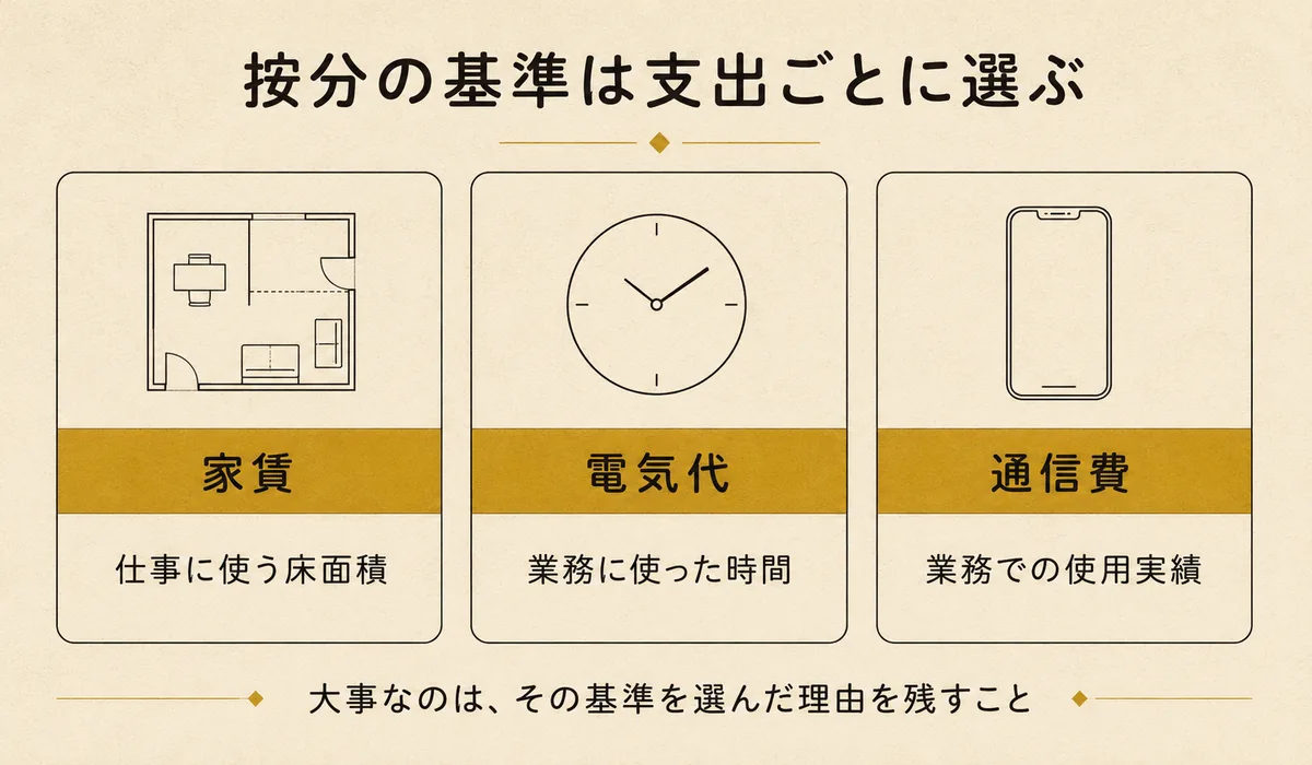ウーバーイーツの家事関連費を按分する基準の例。家賃は仕事に使う床面積、電気代は業務に使った時間、通信費は業務での使用実績で按分することを示した3列の図