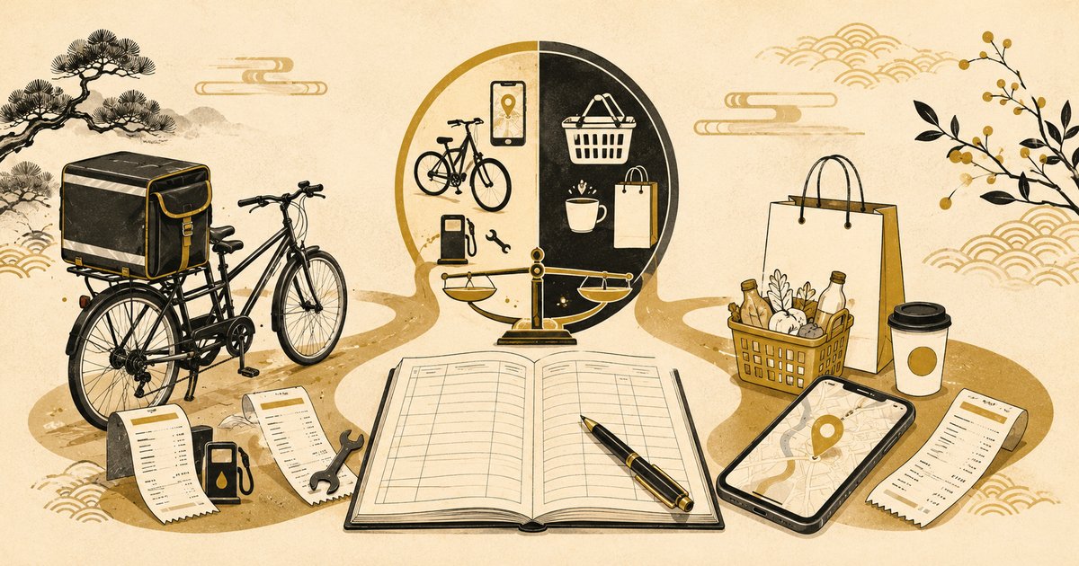 ウーバーイーツ配達員の経費を仕分けるイメージ。自転車と保温デリバリーバッグ、地図ピンを表示したスマートフォン、燃料や整備のレシートと帳簿のアイキャッチ画像